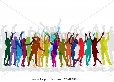 Colorful Silhouettes Of People Celebrating And Dancing On Party.