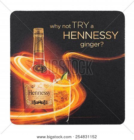 London, Uk - August 22, 2018: Hennessy Cognac Bar Paper Coaster On White Background.