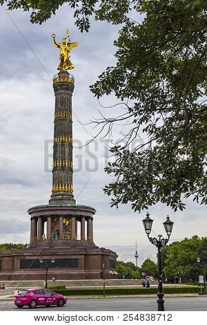Berlin, Germany - June 30, 2014: Victory Column, Famous Sight In Berlin City, Germany. Impressive Si