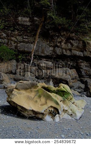 Sandstone Boulder On The Beach Catches The Light In Contrast To The Shady Cliff Behind, Sombrio Beac