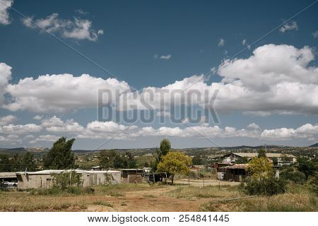 Landscape View Of Tecate Neighborhood With Blue Skies And Clouds