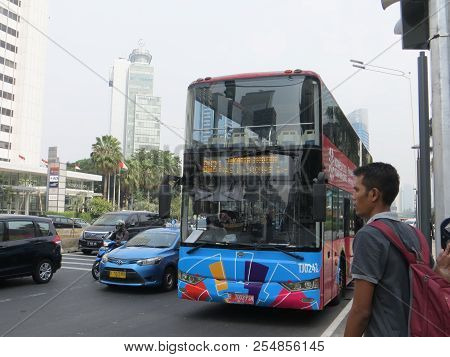 Jakarta, Indonesia - August 2, 2018: The Jakarta Explorer Bus, Transjakarta City Tour Bus, On Jalan 