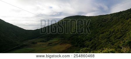 Aerial Panoramic View To Caldera Of Monte Brasil Mountain, Terceira At Azores, Portugal
