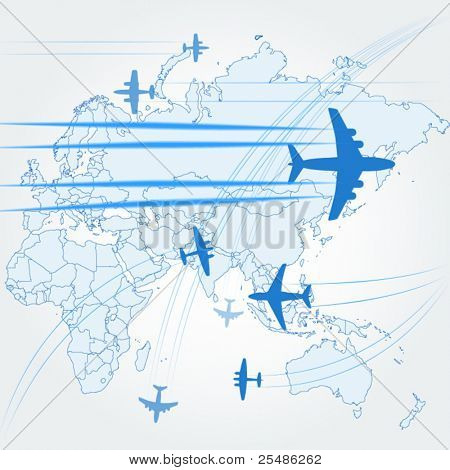 Trasporto e percorsi aerei civili sopra la mappa del mondo