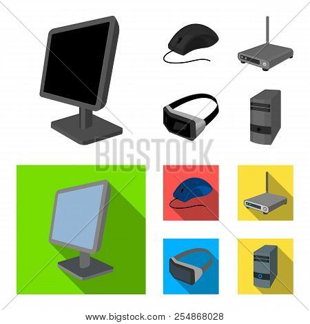 Monitor, Mouse And Other Equipment. Personal Computer Set Collection Icons In Monochrome, Flat Style