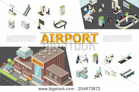 Isometric Airport Elements Set With Check-in Desk Escalator Customs Passport Control Departure Board