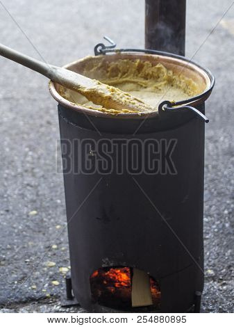 Cook Porridge In Wood Fire Copper Cauldron