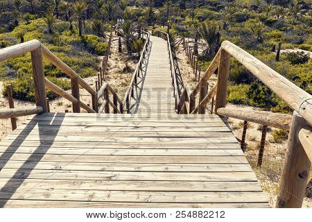 Wooden Stairway  Down To The Park  Across The Dunes In Guardamar Del Segura, Alicante. Spain