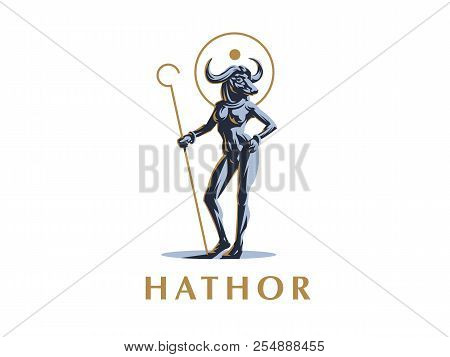 Egyptian Goddess Hathor. Woman Bull. Vector Illustration.
