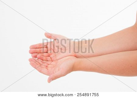 Male Hand Two Palm Up. Handbreadth Isolated On A White Background. Front View. Mock Up. Copy Space. 