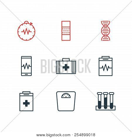Vector Illustration Of 9 Health Icons Line Style. Editable Set Of Medical Kit, Diagnosing, Dna And O