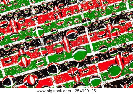 Flags  Of Kenya, Behind A Glass Covered With Rain Drops.pattern From Flags Of Kenya.  3d Illustratio