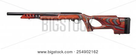 Rimfire Rifle With A Red Stock On A White Background