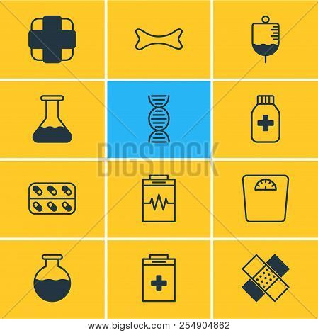 Illustration Of 12 Medicine Icons Line Style. Editable Set Of Bone, Diagnosing, Dna And Other Icon E