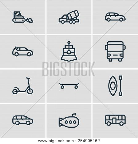 Illustration Of 12 Vehicle Icons Line Style. Editable Set Of Autobus, City Car, Mpv And Other Icon E