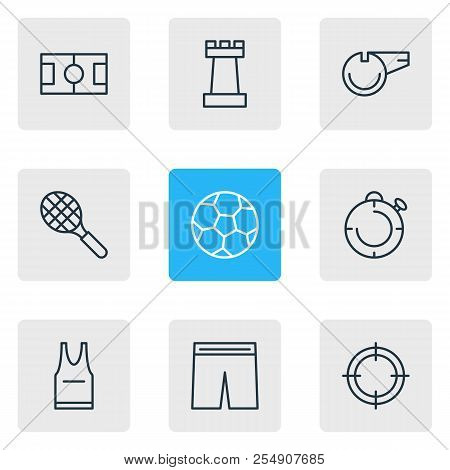 Vector Illustration Of 9 Fitness Icons Line Style. Editable Set Of Uniform, Shorts, Whistle And Othe