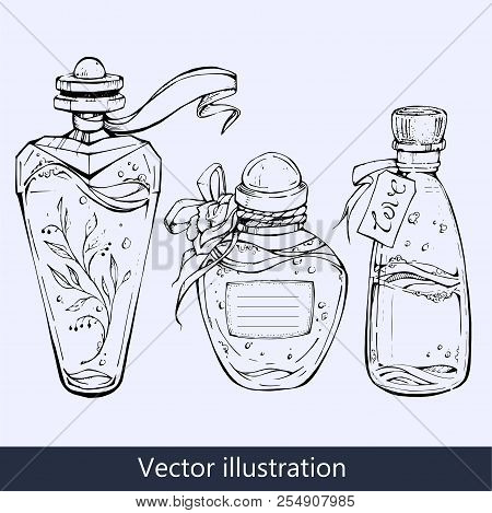 Bottle Of Love Elixir. Grunge Romantic Vector Illustration.