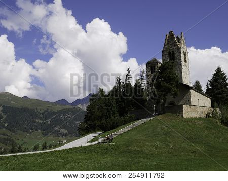 View Of The Beautiful And Ancient Church Of Celerina