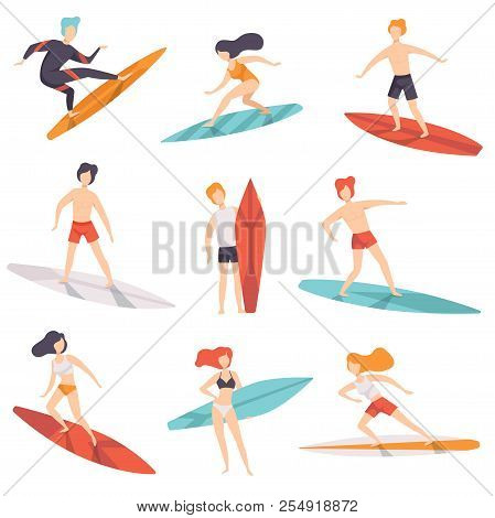 Surfer People Riding Surfboards Set, Young Women Amd Men Enjoying Summer Vacation On The Sea Or Ocea