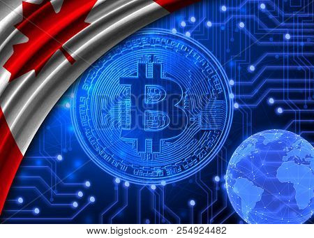 Flag Of Canada Against The Background Of Crypto Currency Bitcoin.