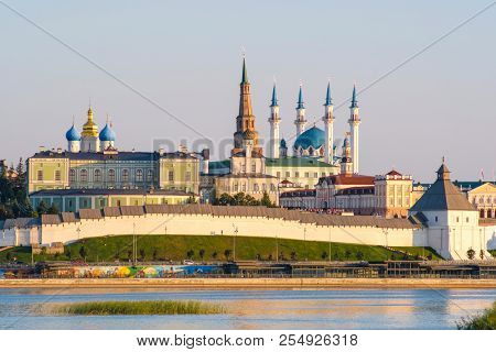 Kazan, Russia - August, 20, 2018: Veiw to Kazan Kremlin from the Kazanka river bank.