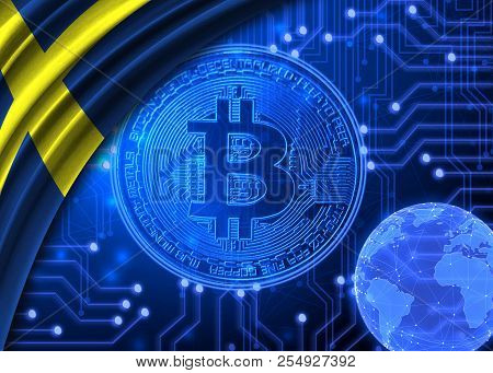 Flag Of Sweden Against The Background Of Crypto Currency Bitcoin.