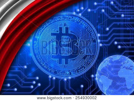 Flag Of Poland Against The Background Of Crypto Currency Bitcoin.