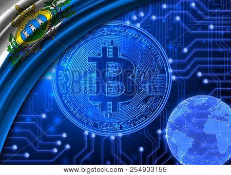 Flag Of San Marino Against The Background Of Bitcoin.