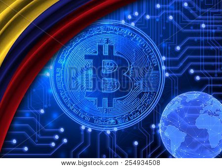 Flag Of Colombia Against The Background Of Bitcoin.