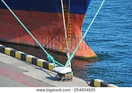 Mooring Cleat With Hawser And Ship Bow