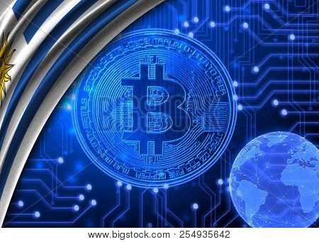 Flag Of Uruguay Against The Background Of Bitcoin.