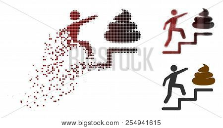 Person Climb Shit Stairs Icon In Dispersed, Pixelated Halftone And Undamaged Entire Versions. Pixels