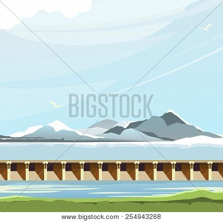 Vector Horizontal Illustration Of A Reservoir, City Dam, Skyline Highlands, Floodgates