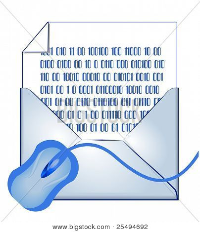 E-mail concept: opened envelope, binary coded letter and mouse