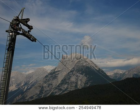 Hohe Munde Mountain / Alp With Chairlift Machinery In Foreground, Tyrol, Austria