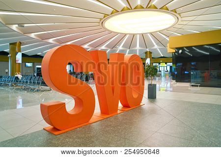 MOSCOW, RUSSIA - CIRCA JULY, 2018: SVO sign in Sheremetyevo International Airport Terminal B.