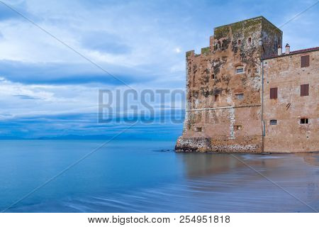 Piombino, Italy - February 07, 2015: Torre Mozza 16th Century Tuscan Coastal Tower In Piombino At Da
