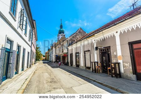 Scenic View At Marble Traditional Street In City Center Of Karlovac Town, Central Croatia.