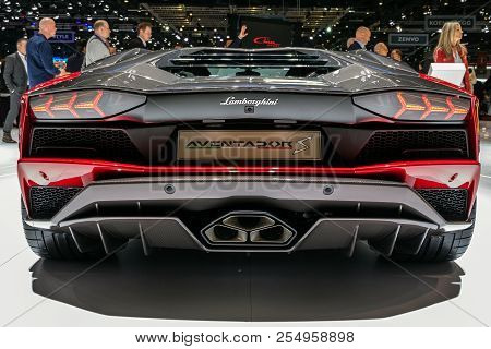Geneva, Switzerland - March 7, 2018: Lamborghini Aventador Sv Sports Car Showcased At The 88th Genev