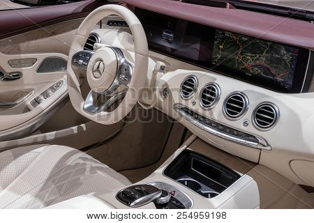 Geneva, Switzerland - March 6, 2018: Interior View Of The Mercedes Benz S 560 Cabriolet Car Showcase