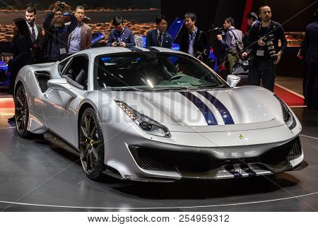 Geneva, Switzerland - March 6, 2018: Ferrari 488 Pista Sports Car Showcased At The 88th Geneva Inter