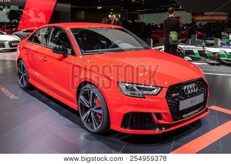 Geneva, Switzerland - March 6, 2018: Audi Rs3 Sportback Quattro Car Showcased At The 88th Geneva Int
