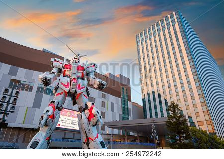 Tokyo, Japan - April 20 2018: Full-size Mobile Suit  Rx-0 Unicorn Gundam Replica From The Mobile Sui