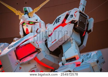 Tokyo, Japan - April 20 2018: Full-size Mobile Suit  Rx-0 Unicorn Gundam Replica From The Mobile Sui