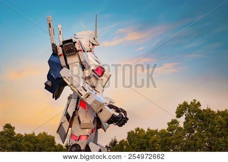 Tokyo, Japan - April 20 2018: Full-size Mobile Suit  Rx-0 Unicorn Gundam Replica From The Mobile Sui