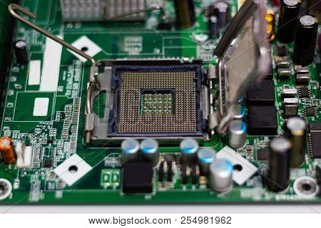 Close Up Cpu Sockets On Motherboard, Concept Computer And Technology.