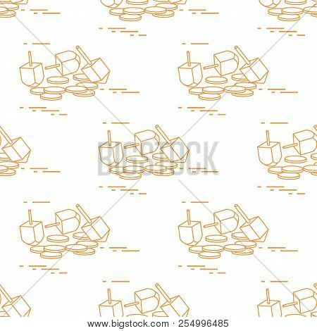 Seamless Pattern With Dreidel, Sevivon, Coins. Jewish Holiday Hanukkah. Child Game.