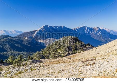 Landscape With Majestic Tahtali Dagi Mountains On Lician Way Tourist Path In Turkey