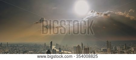 Aerial Skyline Panorama Of Bangkok Cityscape From Mahanakorn Skywalk And Business Urban Downtown Wit