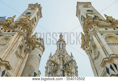 Chambord, France - November 14, 2018: Detail Of The Towers And Spiers Of The Chambord Castle